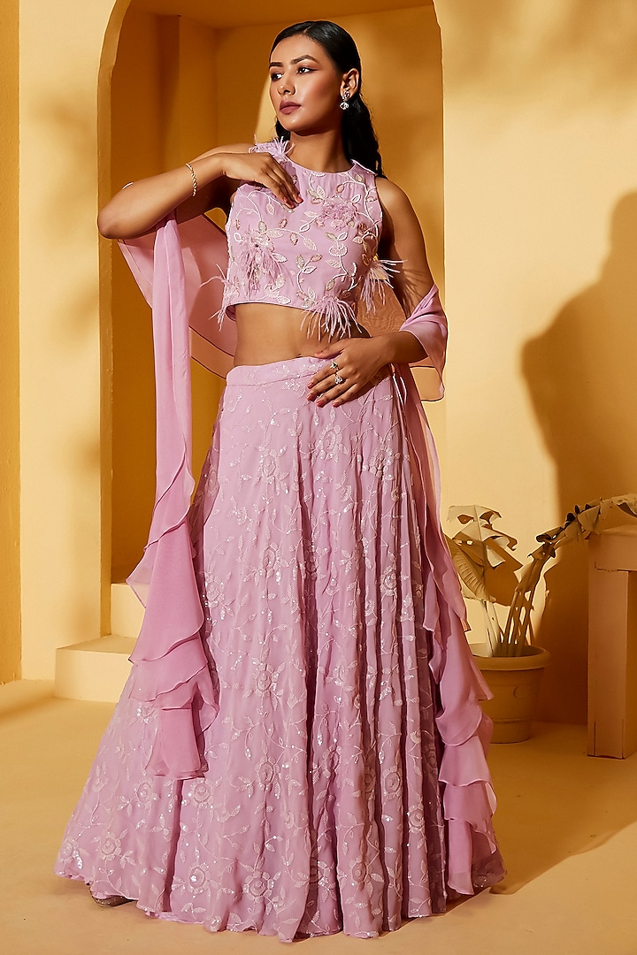 Lilac Georgette & Organza Lehenga Set by Suruchi Parakh