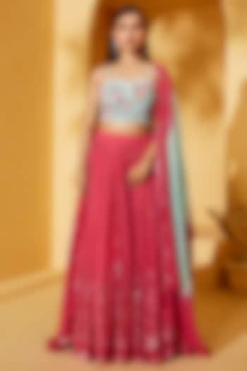 Coral Georgette & Satin Pleated Wedding Lehenga Set by Suruchi Parakh at Pernia's Pop Up Shop