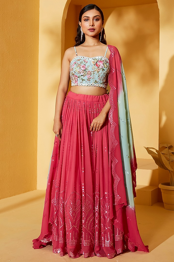 Coral Georgette & Satin Pleated Wedding Lehenga Set by Suruchi Parakh at Pernia's Pop Up Shop