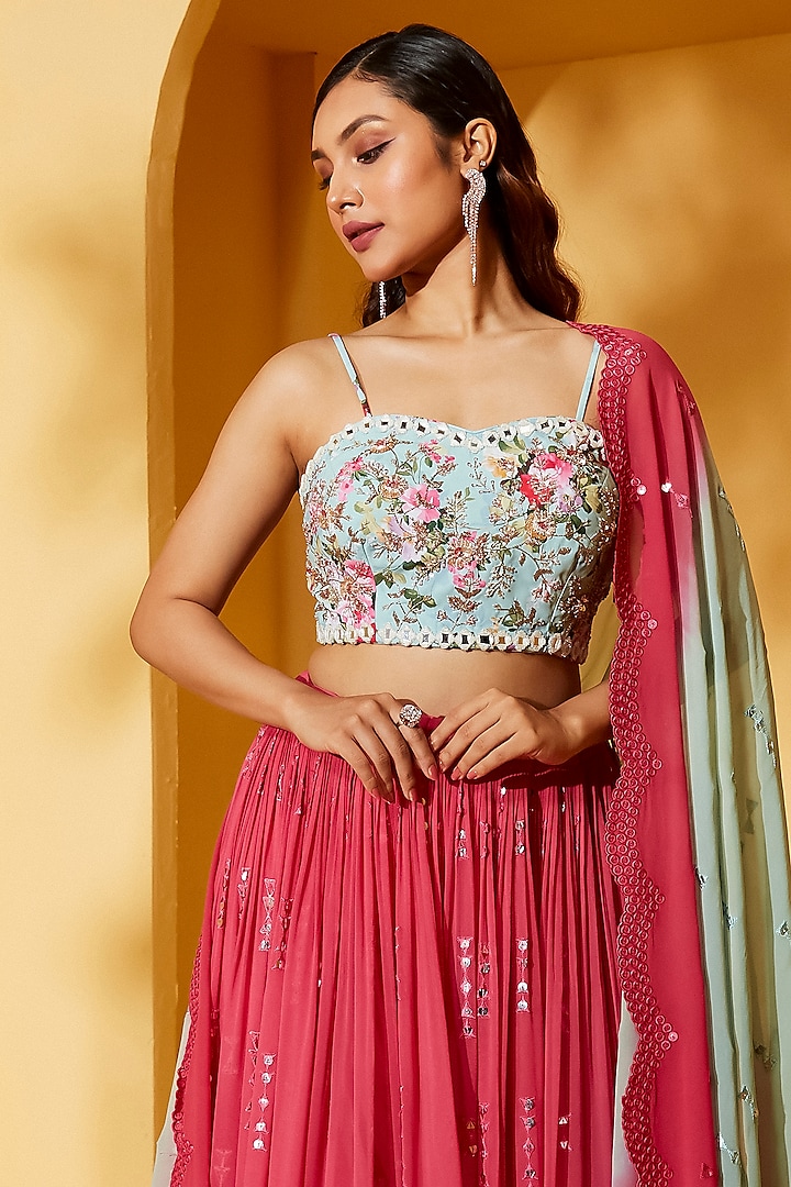 Coral Georgette & Satin Pleated Wedding Lehenga Set by Suruchi Parakh at Pernia's Pop Up Shop