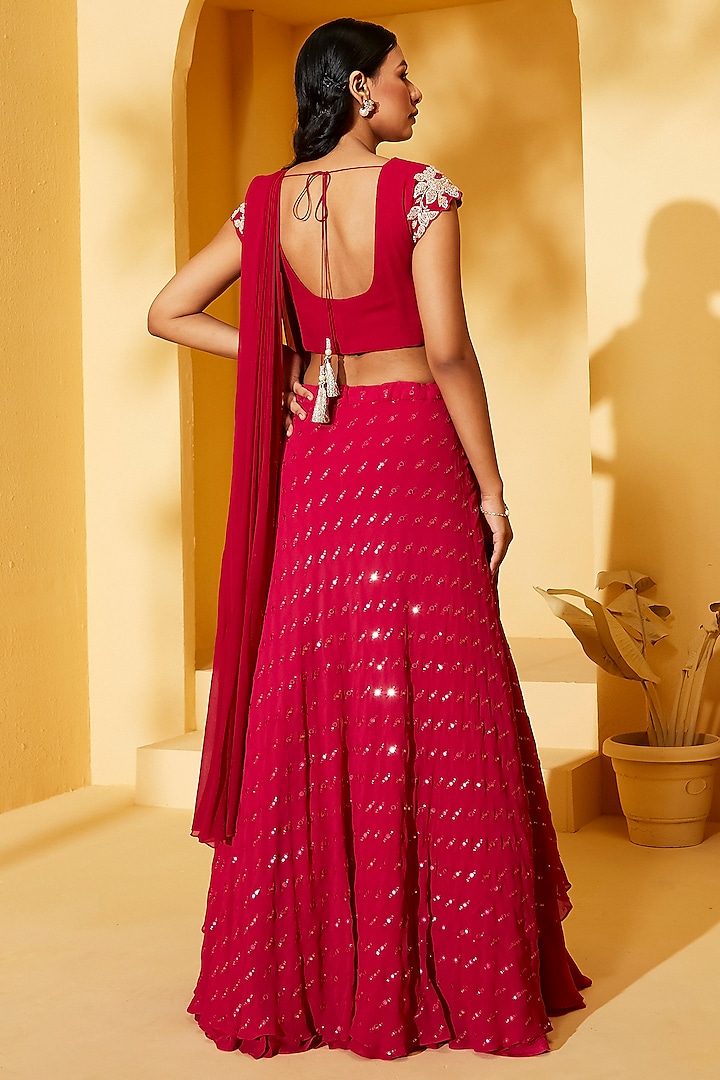 Pink Georgette Crepe Layered Wedding Lehenga Set by Suruchi Parakh at Pernia's Pop Up Shop