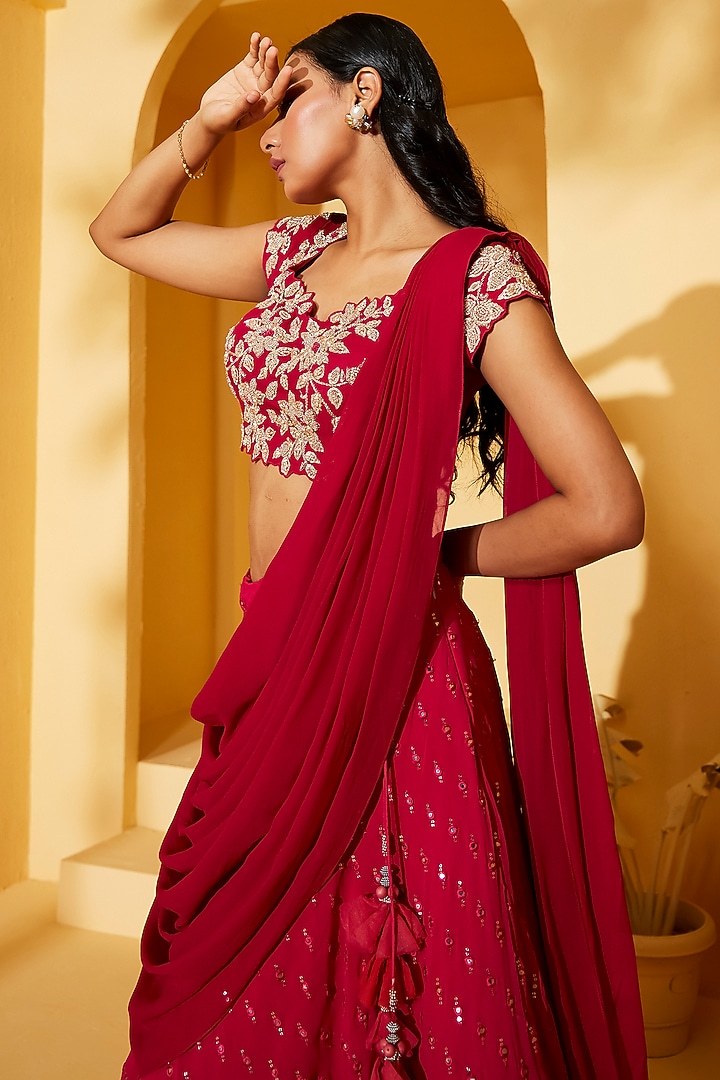 Pink Georgette Crepe Layered Wedding Lehenga Set by Suruchi Parakh at Pernia's Pop Up Shop