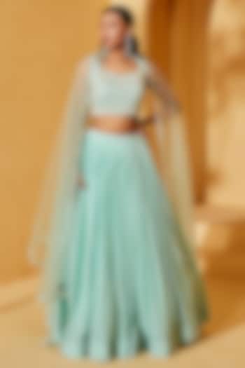 Sea Green Georgette Crepe & Net Thread Embroidered Wedding Lehenga Set by Suruchi Parakh at Pernia's Pop Up Shop
