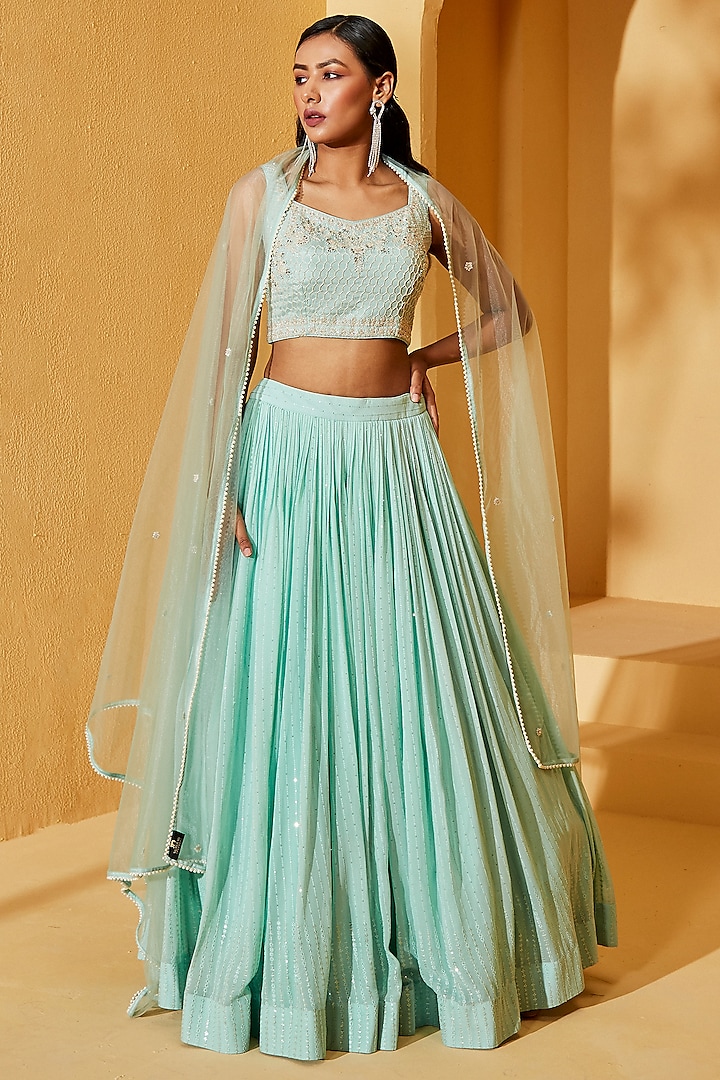 Sea Green Georgette Crepe & Net Thread Embroidered Wedding Lehenga Set by Suruchi Parakh at Pernia's Pop Up Shop