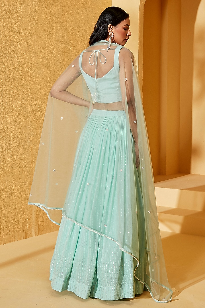 Sea Green Georgette Crepe & Net Thread Embroidered Wedding Lehenga Set by Suruchi Parakh at Pernia's Pop Up Shop