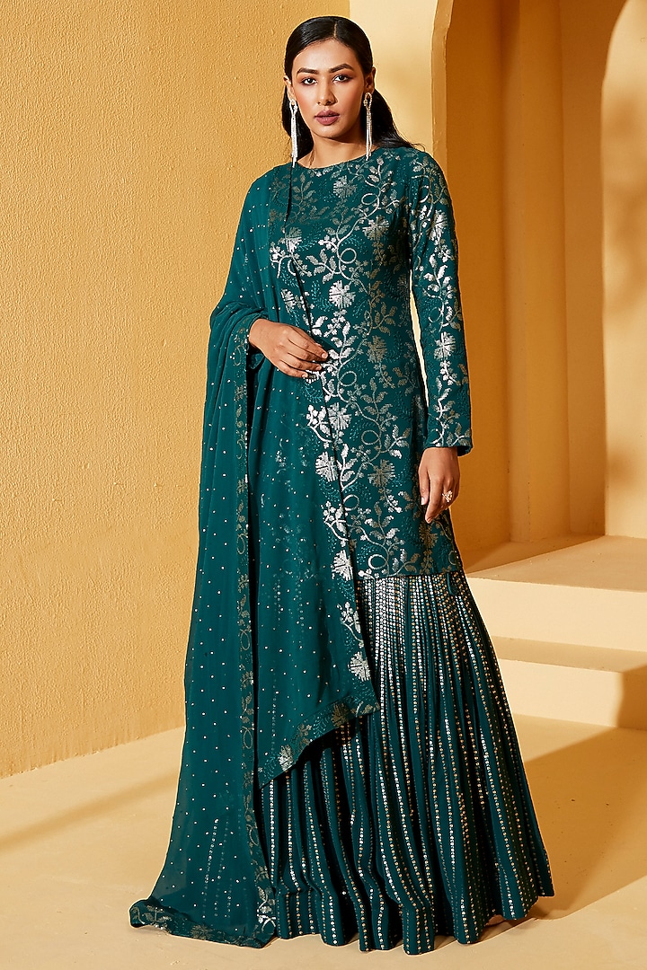 Green Georgette Crepe & Organza Wedding Lehenga Set by Suruchi Parakh at Pernia's Pop Up Shop