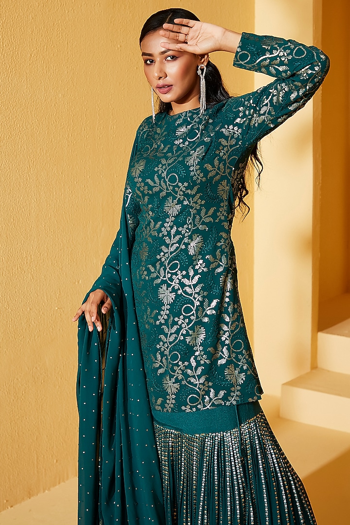 Green Georgette Crepe & Organza Wedding Lehenga Set by Suruchi Parakh at Pernia's Pop Up Shop