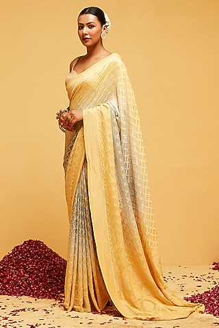Yellow & Ice Blue Georgette Banarasi Bandhani Saree by Suruchi Parakh