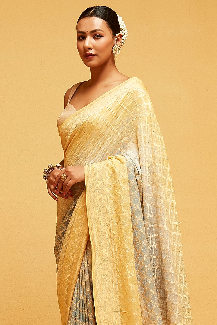 Yellow & Ice Blue Georgette Banarasi Bandhani Party Wear Saree by Suruchi Parakh at Pernia's Pop Up Shop