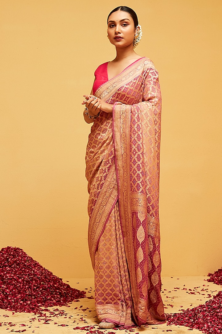 Onion Pink Georgette Banarasi Bandhani Saree by Suruchi Parakh at Pernia's Pop Up Shop