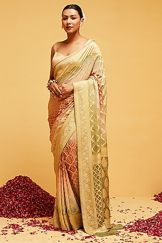 Green & Dusty Orange Georgette Banarasi Bandhani Saree by Suruchi Parakh