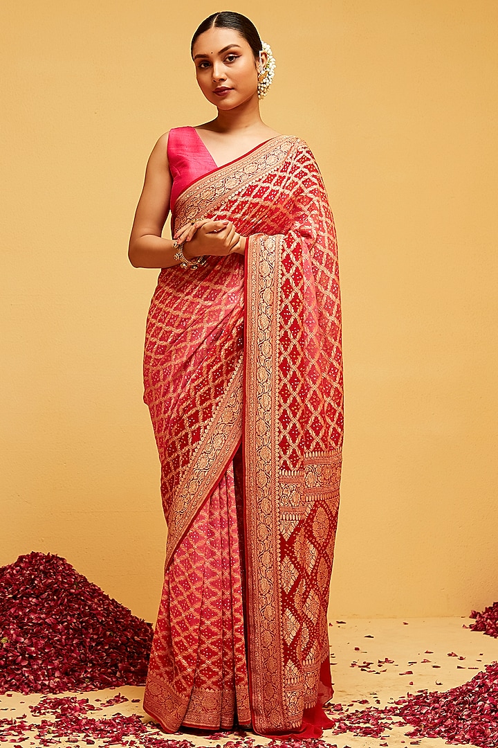 Red & Pink Georgette Banarasi Bandhani Saree by Suruchi Parakh at Pernia's Pop Up Shop