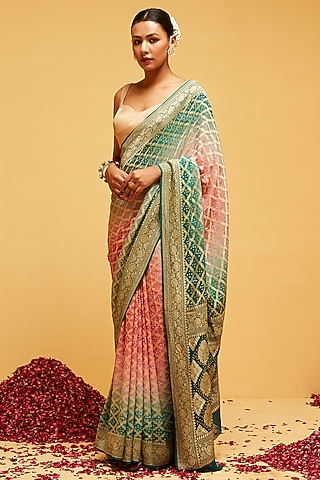 Green & Pink Georgette Banarasi Bandhani Saree by Suruchi Parakh