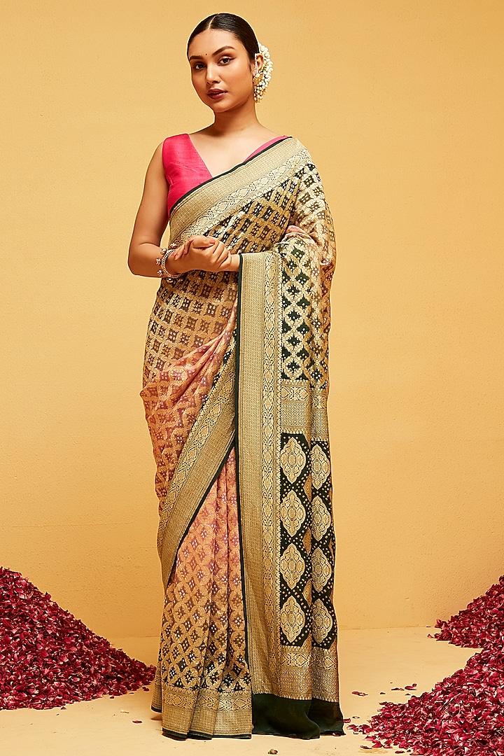 Green & Peach Georgette Banarasi Bandhani Saree by Suruchi Parakh at Pernia's Pop Up Shop