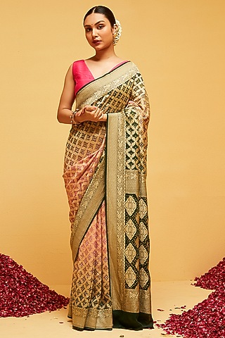 Green & Peach Georgette Banarasi Bandhani Saree by Suruchi Parakh