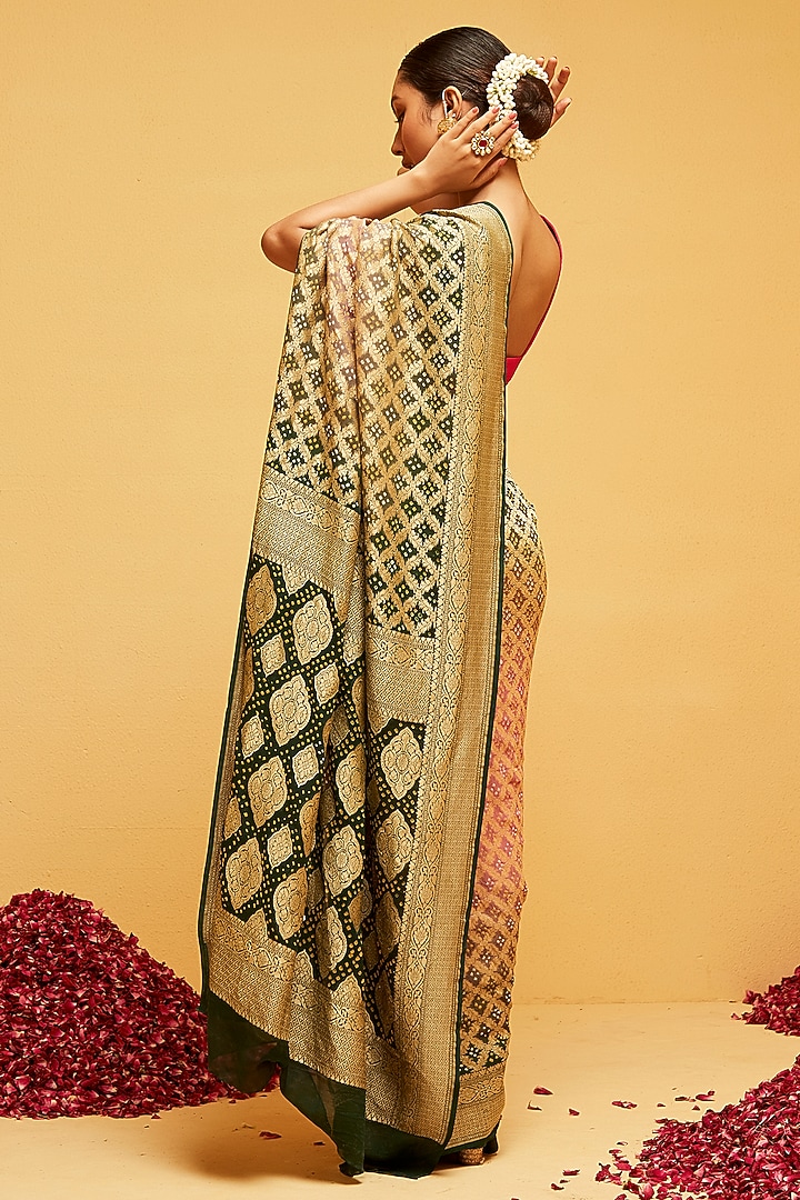 Green & Peach Georgette Banarasi Bandhani Party Wear Saree by Suruchi Parakh at Pernia's Pop Up Shop