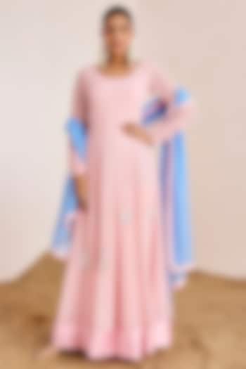 Blush Pink Georgette Hand Embroidered Wedding Anarkali Set by Suruchi Parakh at Pernia's Pop Up Shop