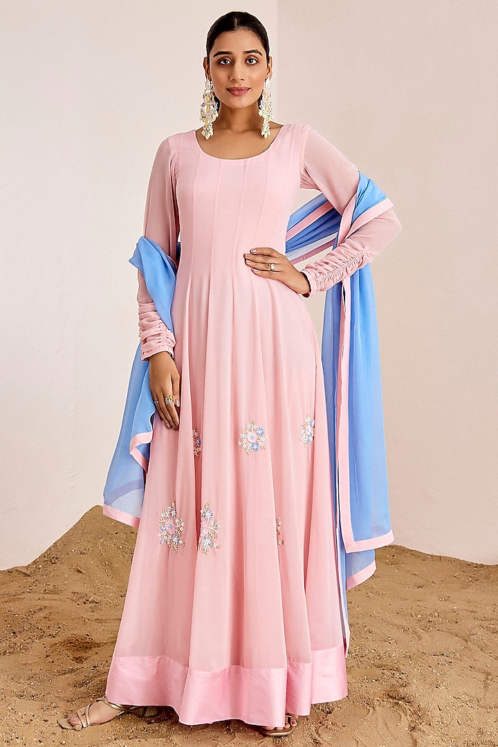 Blush Pink Georgette Hand Embroidered Wedding Anarkali Set by Suruchi Parakh at Pernia's Pop Up Shop