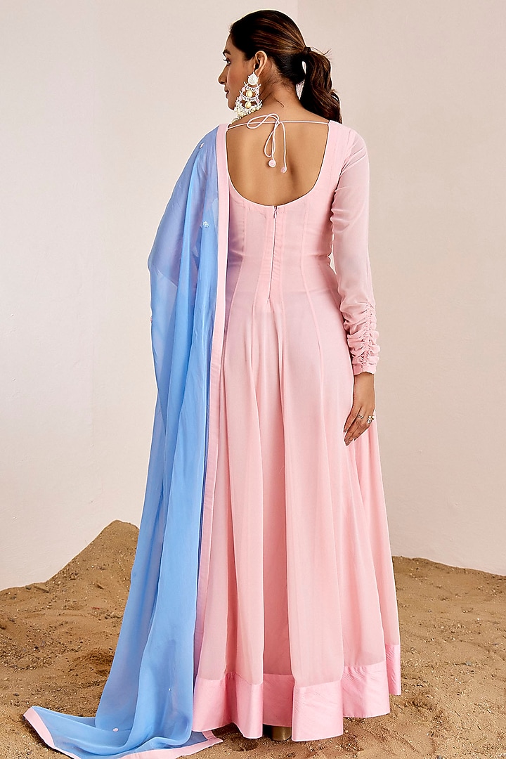 Blush Pink Georgette Hand Embroidered Wedding Anarkali Set by Suruchi Parakh at Pernia's Pop Up Shop