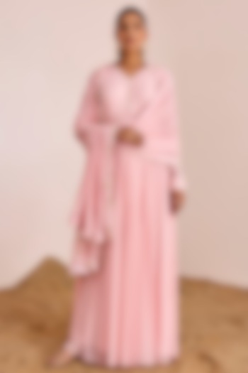 Blush Pink Georgette Hand Embroidered Gathered Party Wear Anarkali Set by Suruchi Parakh at Pernia's Pop Up Shop