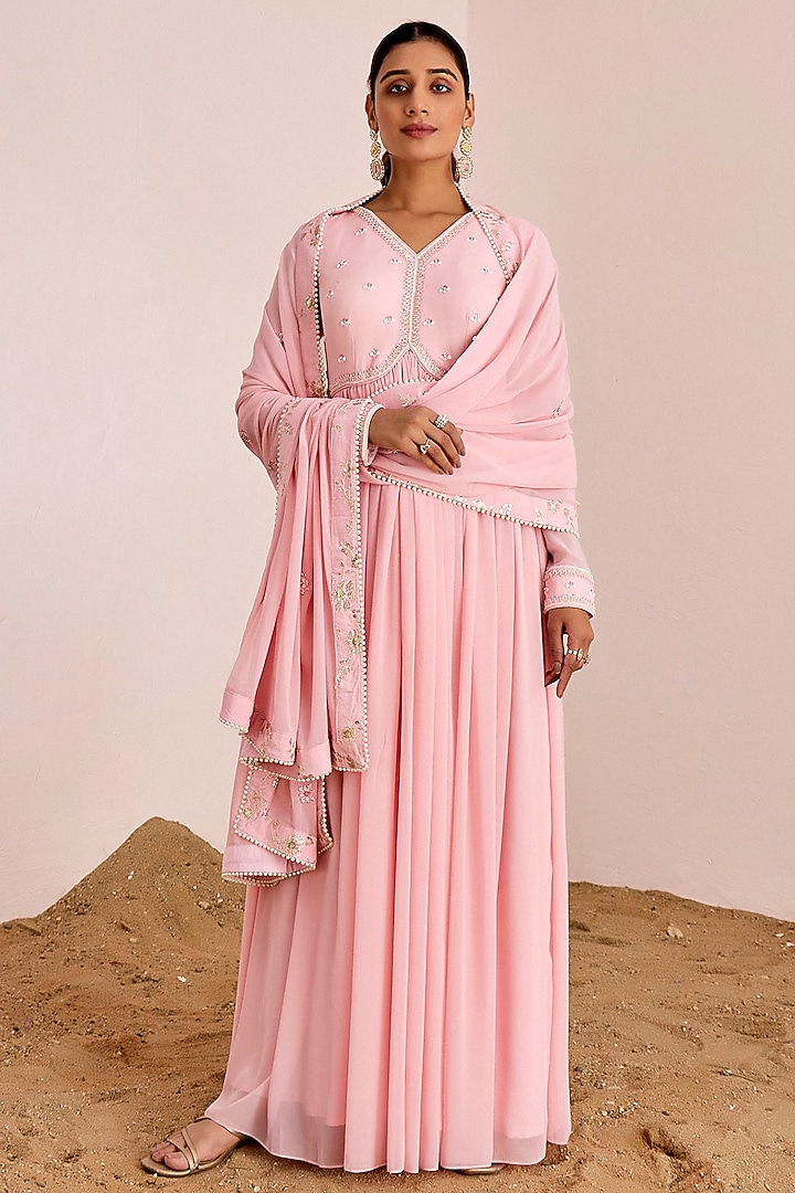 Blush Pink Georgette Hand Embroidered Gathered Party Wear Anarkali Set by Suruchi Parakh at Pernia's Pop Up Shop