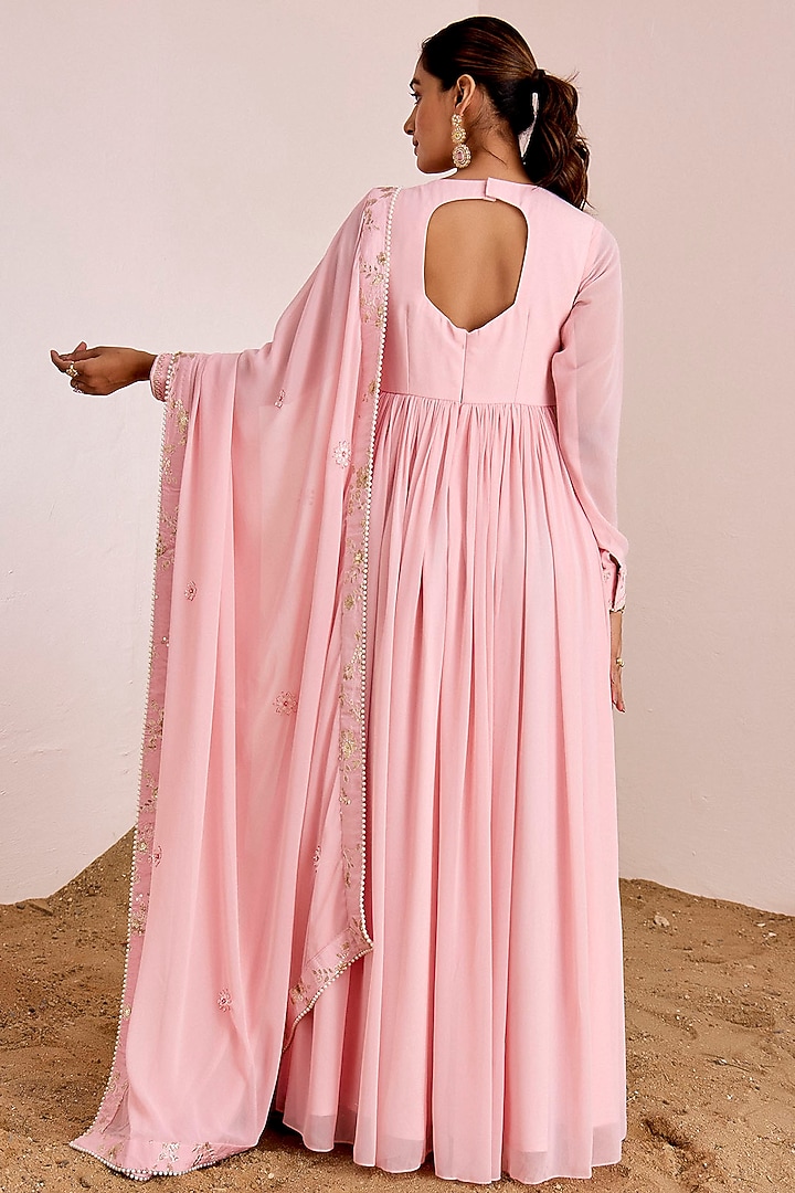 Blush Pink Georgette Hand Embroidered Gathered Party Wear Anarkali Set by Suruchi Parakh at Pernia's Pop Up Shop