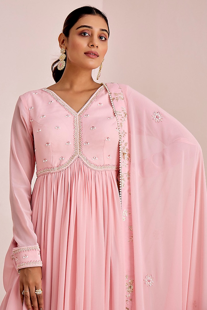 Blush Pink Georgette Hand Embroidered Gathered Party Wear Anarkali Set by Suruchi Parakh at Pernia's Pop Up Shop