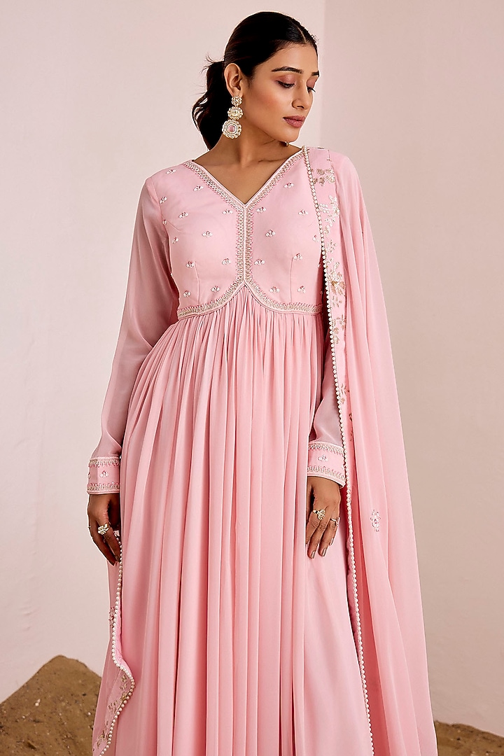 Blush Pink Georgette Hand Embroidered Gathered Party Wear Anarkali Set by Suruchi Parakh at Pernia's Pop Up Shop