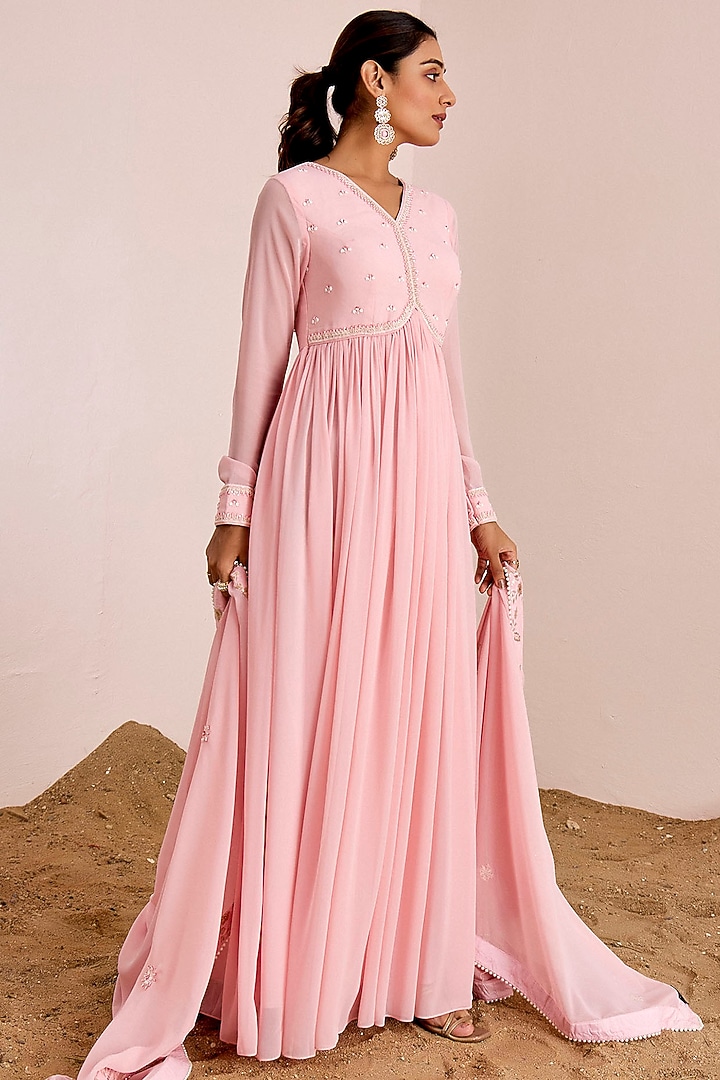Blush Pink Georgette Hand Embroidered Gathered Party Wear Anarkali Set by Suruchi Parakh at Pernia's Pop Up Shop