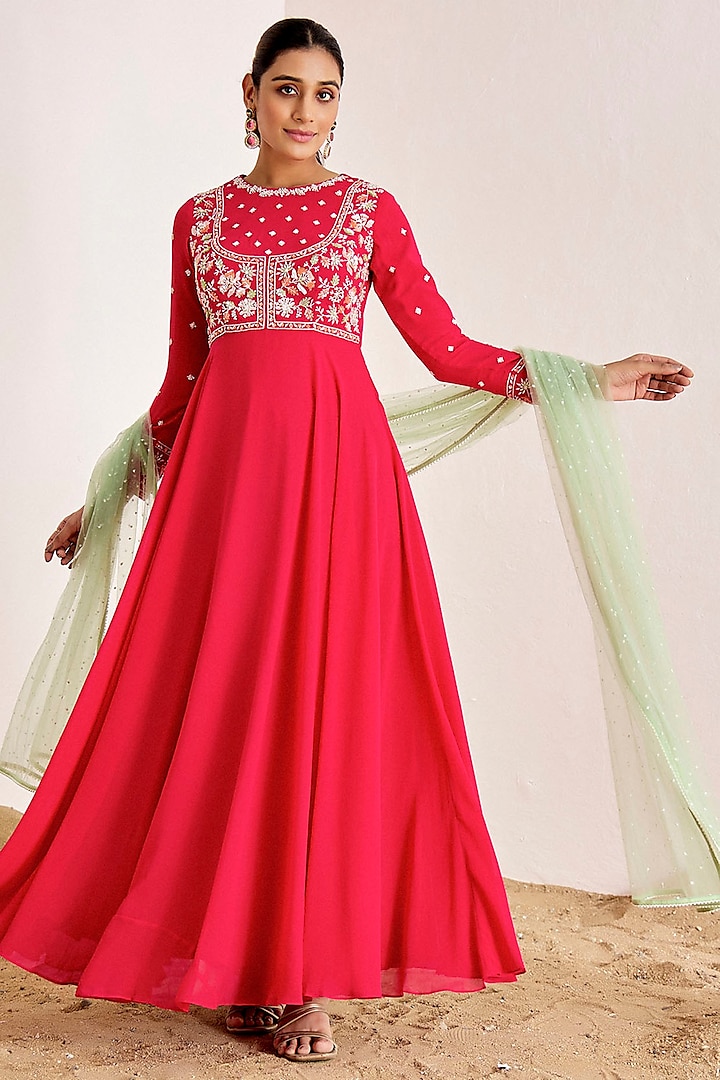 Rani Pink Georgette Hand Embroidered Wedding Anarkali Set by Suruchi Parakh at Pernia's Pop Up Shop