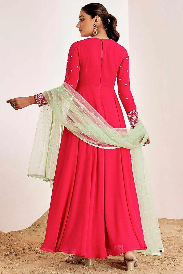 Rani Pink Georgette Hand Embroidered Wedding Anarkali Set by Suruchi Parakh at Pernia's Pop Up Shop