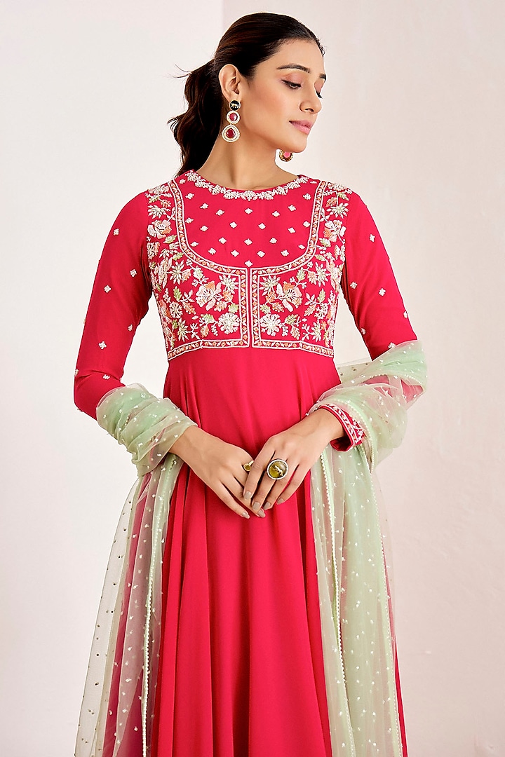 Rani Pink Georgette Hand Embroidered Wedding Anarkali Set by Suruchi Parakh at Pernia's Pop Up Shop