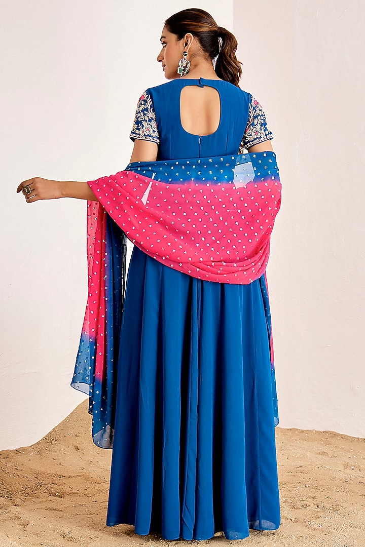 Teal Blue Georgette Hand Embroidered Wedding Anarkali Set by Suruchi Parakh at Pernia's Pop Up Shop