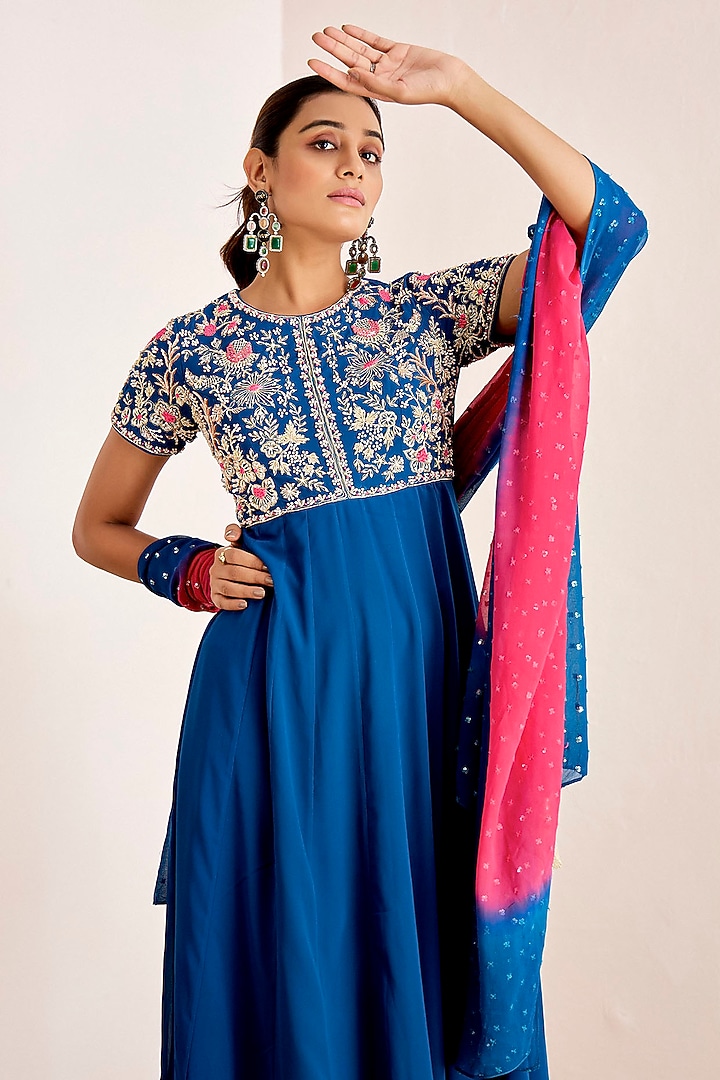 Teal Blue Georgette Hand Embroidered Wedding Anarkali Set by Suruchi Parakh at Pernia's Pop Up Shop