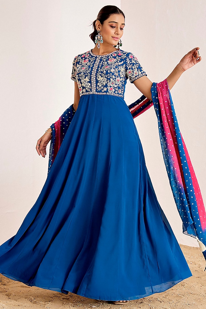 Teal Blue Georgette Hand Embroidered Wedding Anarkali Set by Suruchi Parakh at Pernia's Pop Up Shop