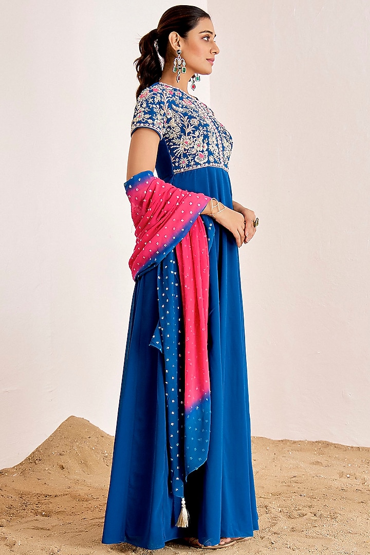 Teal Blue Georgette Hand Embroidered Wedding Anarkali Set by Suruchi Parakh at Pernia's Pop Up Shop