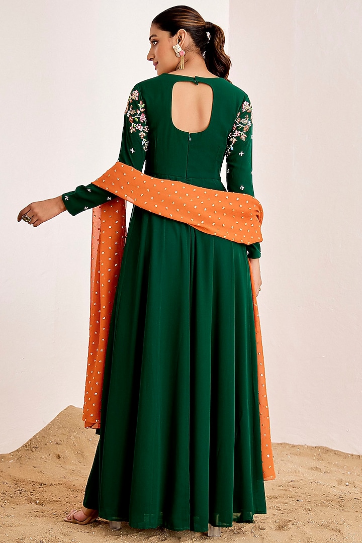 Bottle Green Georgette Zardosi Embroidered Wedding Anarkali Set by Suruchi Parakh at Pernia's Pop Up Shop