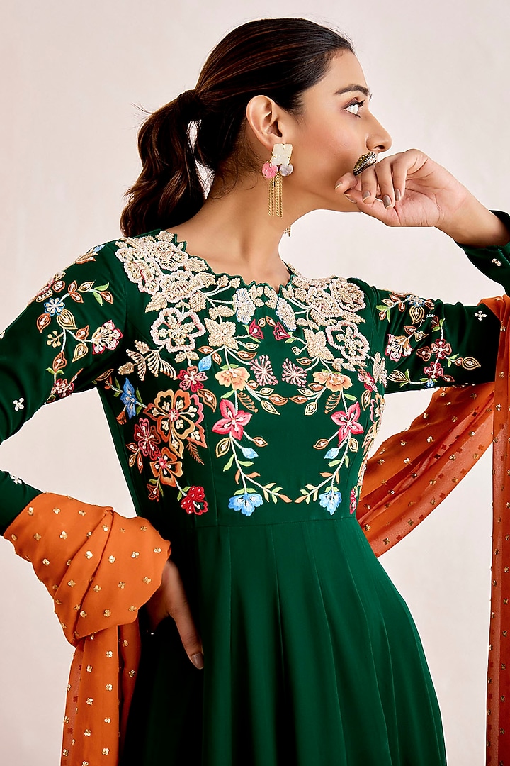 Bottle Green Georgette Zardosi Embroidered Wedding Anarkali Set by Suruchi Parakh at Pernia's Pop Up Shop