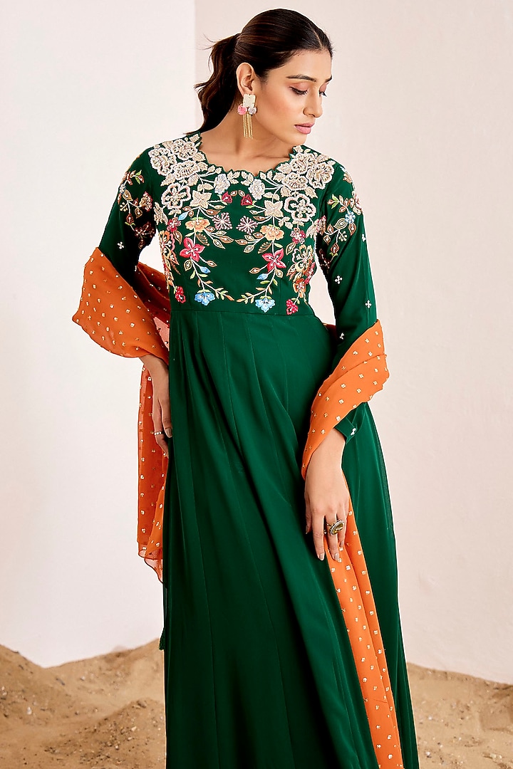 Bottle Green Georgette Zardosi Embroidered Wedding Anarkali Set by Suruchi Parakh at Pernia's Pop Up Shop