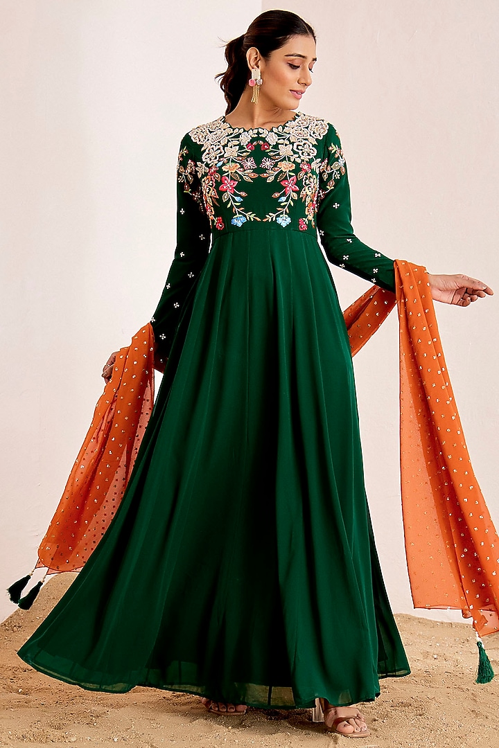Bottle Green Georgette Zardosi Embroidered Wedding Anarkali Set by Suruchi Parakh at Pernia's Pop Up Shop