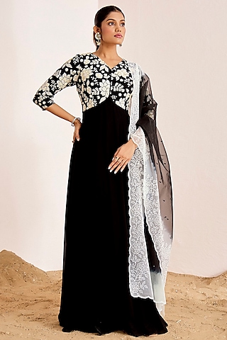 Black Georgette Sequins Embroidered Anarkali Set by Suruchi Parakh