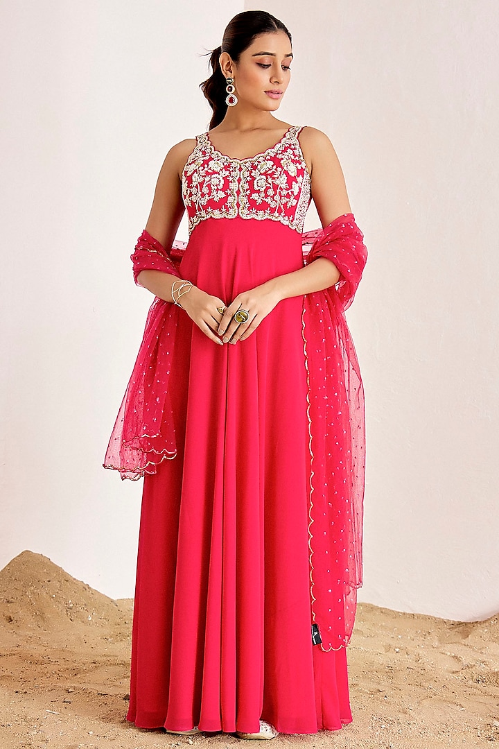 Rani Pink Georgette Hand Embroidered Wedding Anarkali Set by Suruchi Parakh at Pernia's Pop Up Shop