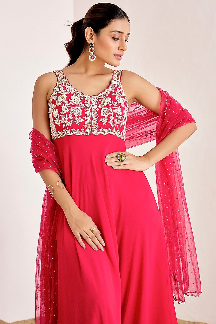 Rani Pink Georgette Hand Embroidered Wedding Anarkali Set by Suruchi Parakh at Pernia's Pop Up Shop