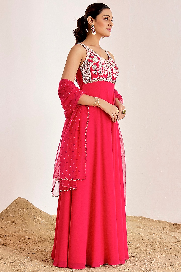 Rani Pink Georgette Hand Embroidered Wedding Anarkali Set by Suruchi Parakh at Pernia's Pop Up Shop