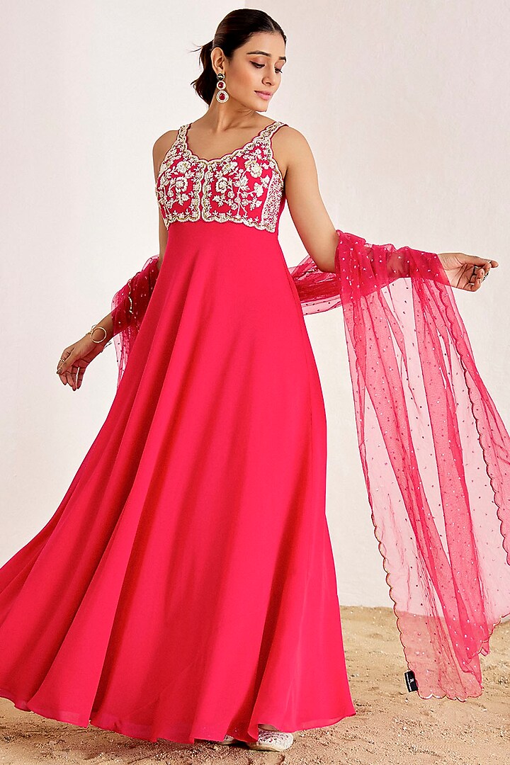 Rani Pink Georgette Hand Embroidered Wedding Anarkali Set by Suruchi Parakh at Pernia's Pop Up Shop