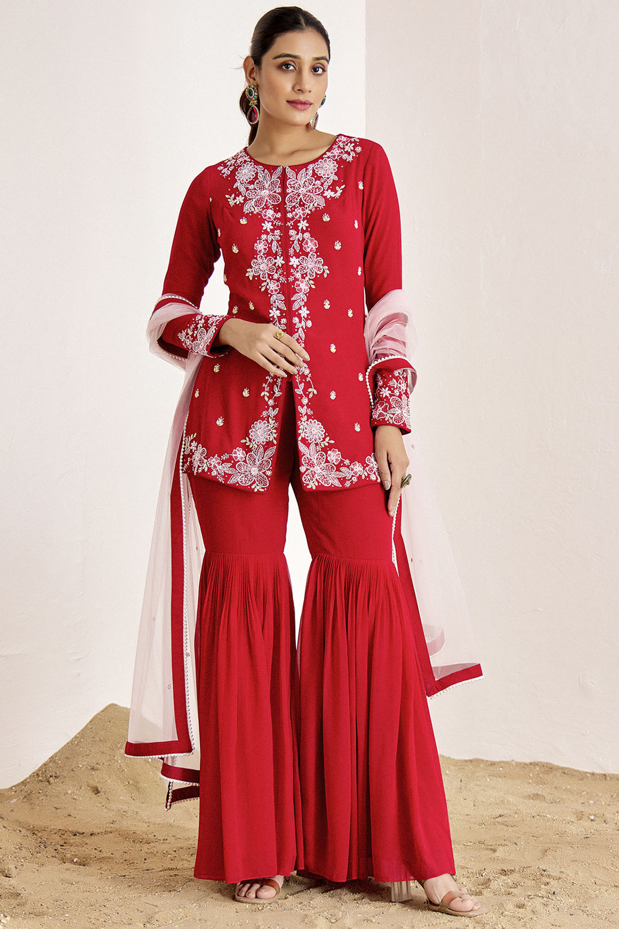 Red Georgette Wedding Sharara Set by Suruchi Parakh at Pernia's Pop Up Shop