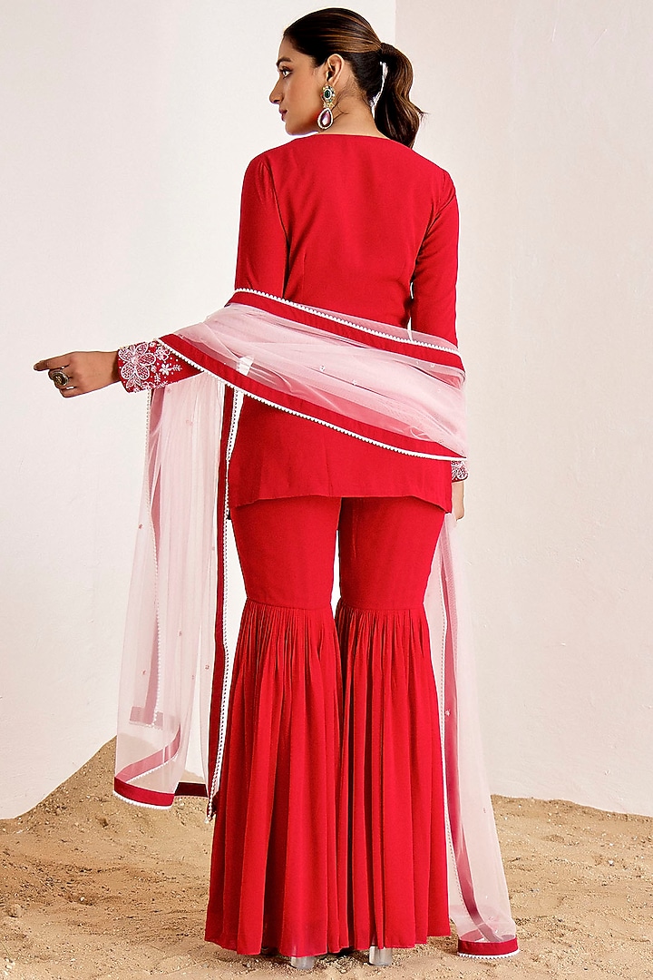 Red Georgette Wedding Sharara Set by Suruchi Parakh at Pernia's Pop Up Shop