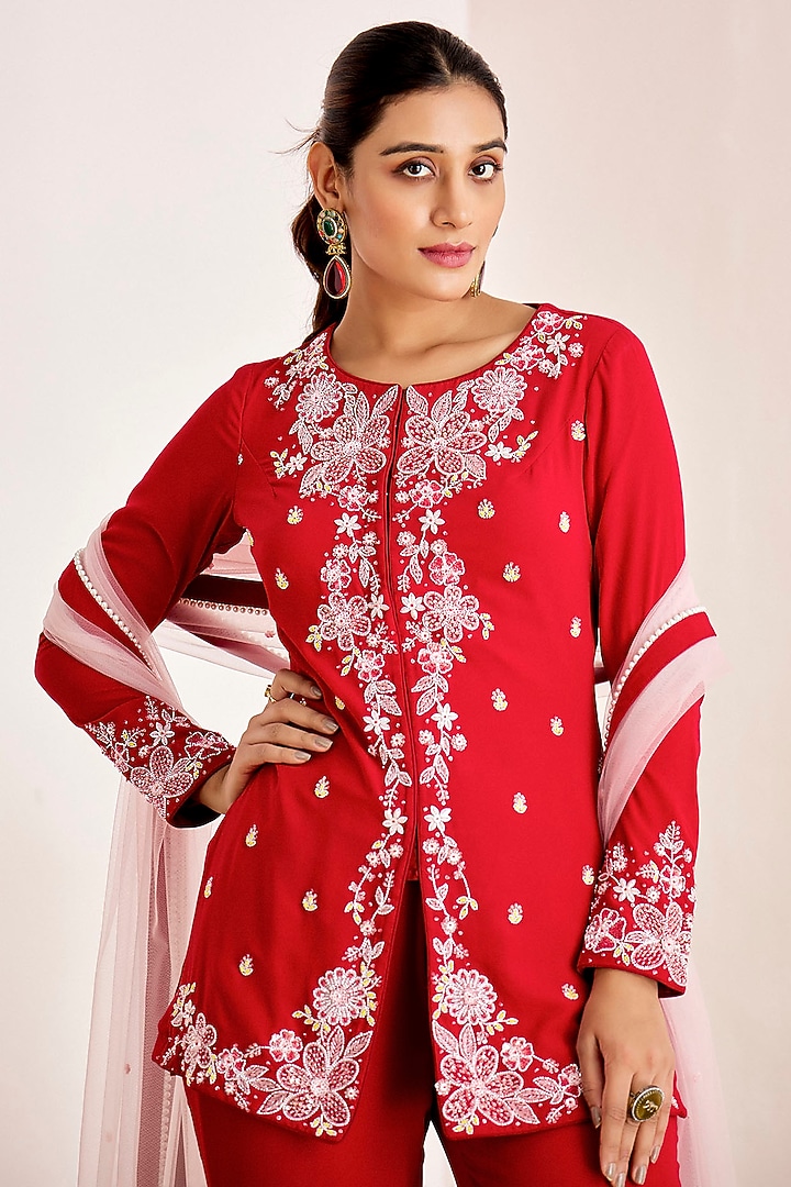 Red Georgette Wedding Sharara Set by Suruchi Parakh at Pernia's Pop Up Shop