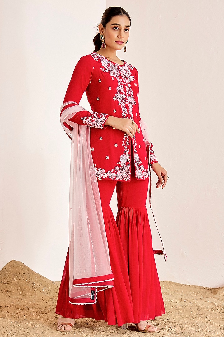 Red Georgette Wedding Sharara Set by Suruchi Parakh at Pernia's Pop Up Shop
