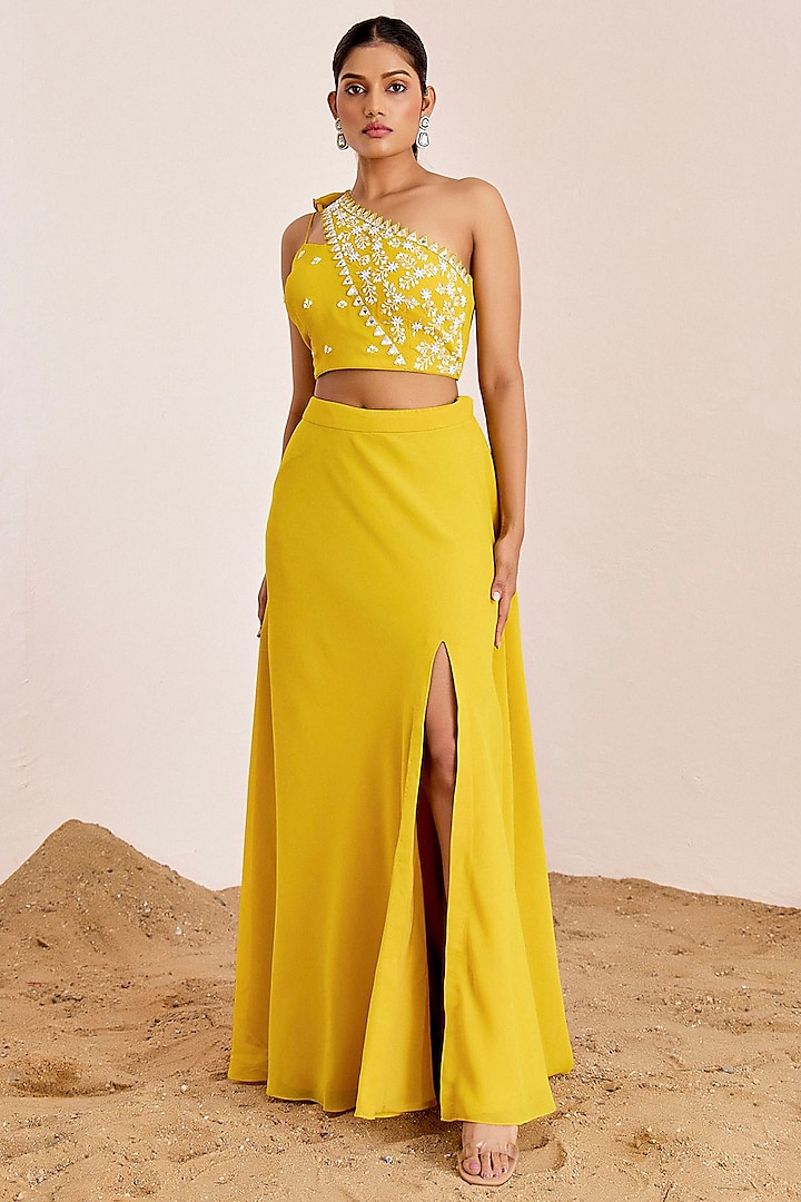 Yellow Georgette Mirror Embroidered Skirt Set by Suruchi Parakh at Pernia's Pop Up Shop